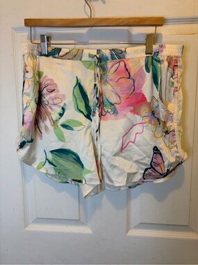 Soma White Floral Watercolor Drawstring Sleep Shorts with Pink & Green